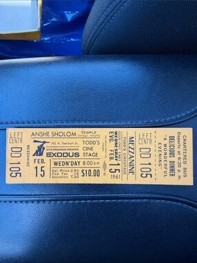 ticket stub for Feb. 15, 1961, screening of the 1960 drama film Exodus